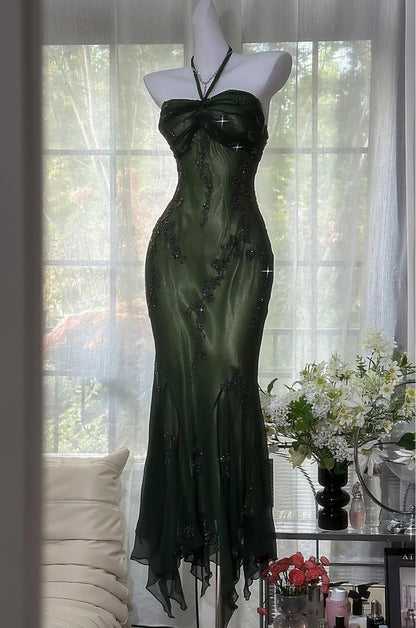 Modest Mermaid Halter Dark Green Chiffon Prom Dresses Party Dress 20th Birthday Outfits Graduation Dress N1616