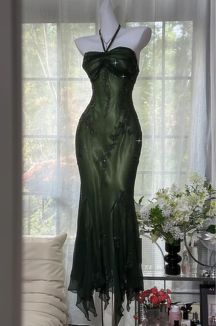 Vintage Halter Mermaid Long Prom Dresses Chiffon Beaded Dark Green Long Formal Dresses Graduation Dress N1617