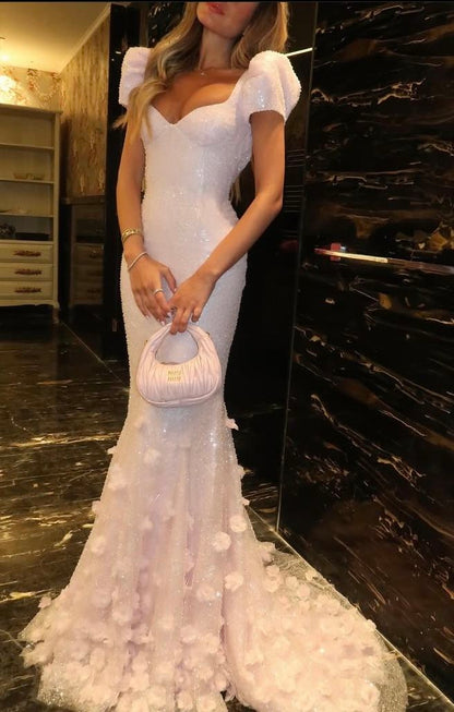 Robe de bal longue sirène rose à sequins et manches courtes bouffantes, décolleté cœur, idéale pour un 18e anniversaire (N278)