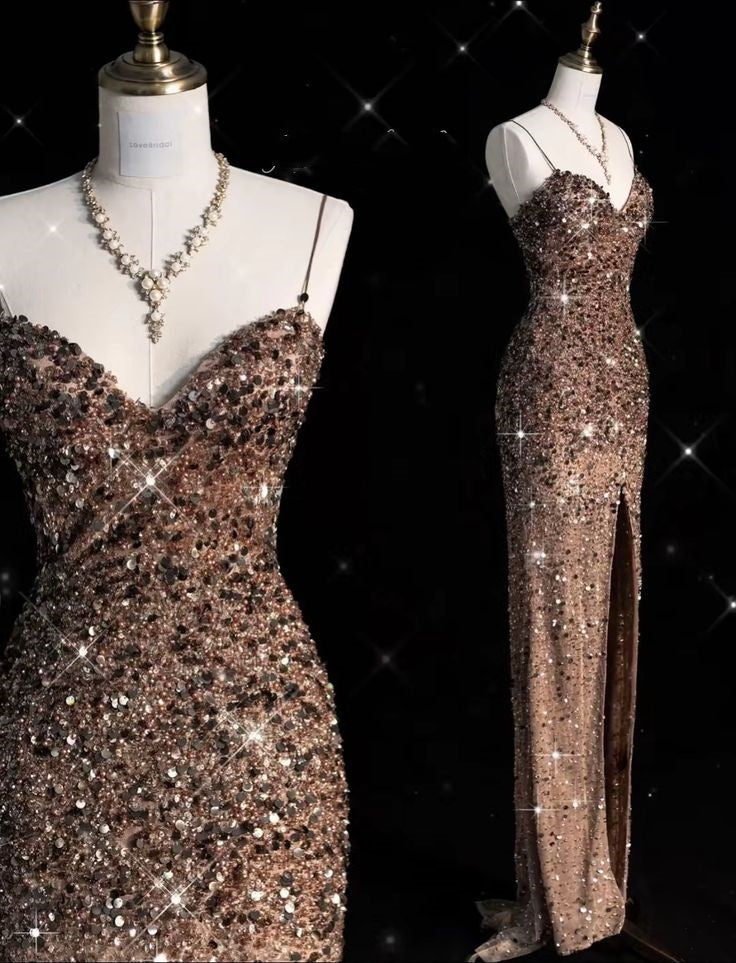 Modest Mermaid Spaghetti Straps Sequin Sleeveless Slit Long Prom Dresses Party Dress 21st Birthday Outfits Graduation Dress RB034