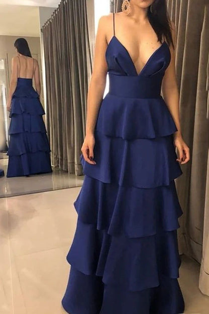 Classy A Line Dark Royal Blue Spaghetti Strap Tiered High Waist Prom Dresses AB200