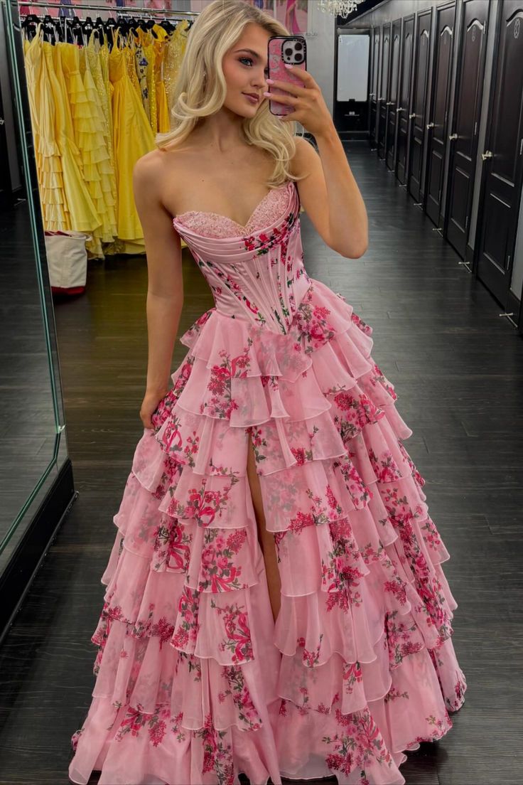 Pink Floral Corset Ball Gown Floral Blush Tiered Chiffon Long Corset Prom Dress with Slit Formal Evening Gowns AB508