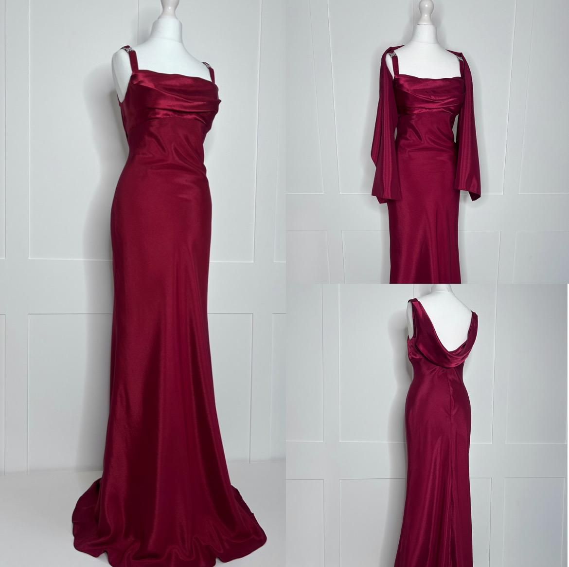 Robe de soirée longue sirène modeste en satin bordeaux avec cape sans manches pour les 18 ans Robes de bal N2417