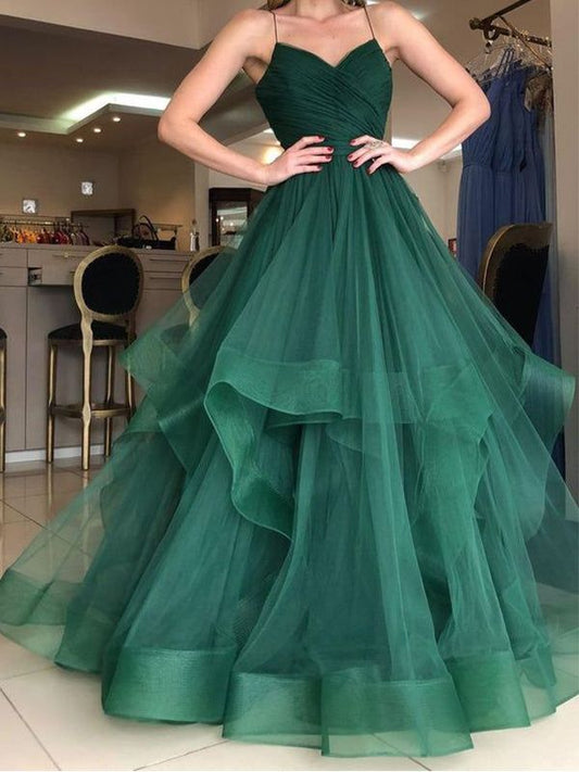 Elegantes Ballkleid mit Spaghettiträgern, smaragdgrüner Tüll, langes Abendkleid für den 16. Geburtstag, AB1166