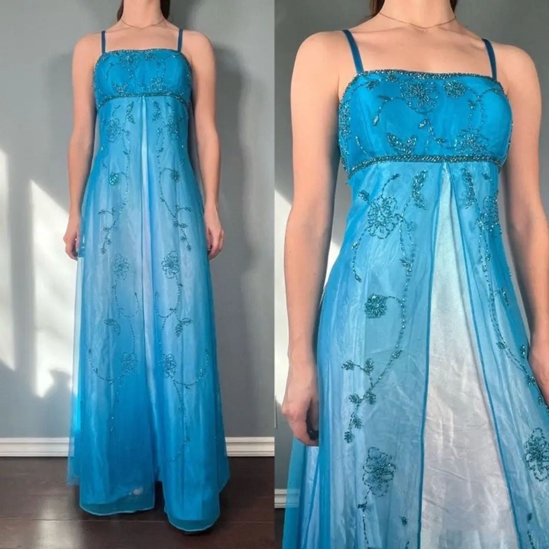 Robes de bal longues pour femmes, ligne A modeste, bretelles spaghetti, bleues, perlées, sans manches N4169