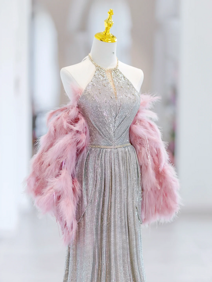 Robe de bal élégante à col licou et paillettes argentées, longue et scintillante, longueur au sol, inspiration robes de bal B85