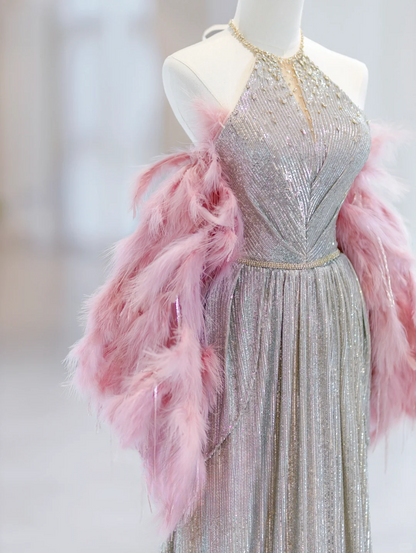 Robe de bal élégante à col licou et paillettes argentées, longue et scintillante, longueur au sol, inspiration robes de bal B85