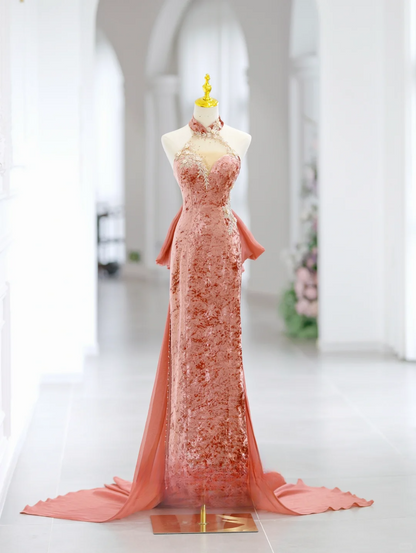 Elegantes A-Linie Neckholder Samt Rosa Schlitz Langes Bodenlanges Ballkleid Inspiration Lange Ballkleider DH2808