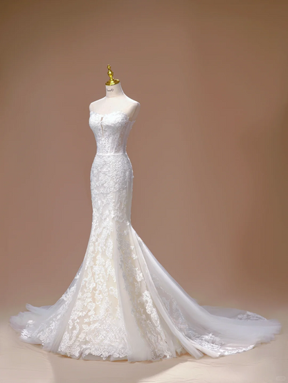 Princess Mermaid Sweetheart Sleeveless Long White Lace Wedding Dress Beautiful Formal Cute Wedding Dresses DH2809