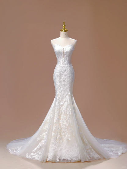 Princess Mermaid Sweetheart Sleeveless Long White Lace Wedding Dress Beautiful Formal Cute Wedding Dresses DH2809