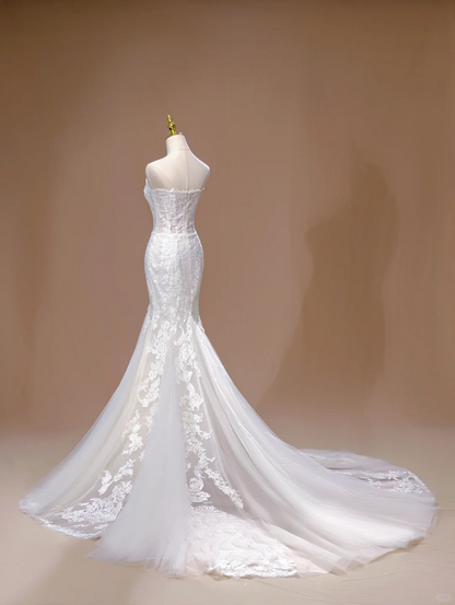 Princess Mermaid Sweetheart Sleeveless Long White Lace Wedding Dress Beautiful Formal Cute Wedding Dresses DH2809
