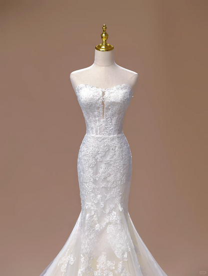 Princess Mermaid Sweetheart Sleeveless Long White Lace Wedding Dress Beautiful Formal Cute Wedding Dresses DH2809