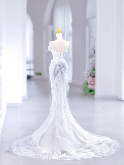 Princess Mermaid Sweetheart Sleeveless Long White Sequin Wedding Dress Beautiful Formal Cute Wedding Dresses DH2810
