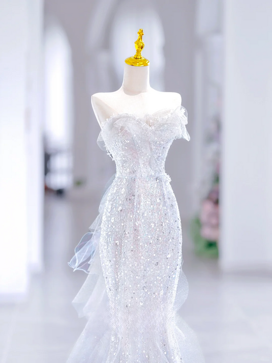 Princess Mermaid Sweetheart Sleeveless Long White Sequin Wedding Dress Beautiful Formal Cute Wedding Dresses DH2810