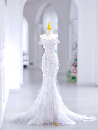 Princess Mermaid Sweetheart Sleeveless Long White Sequin Wedding Dress Beautiful Formal Cute Wedding Dresses DH2810