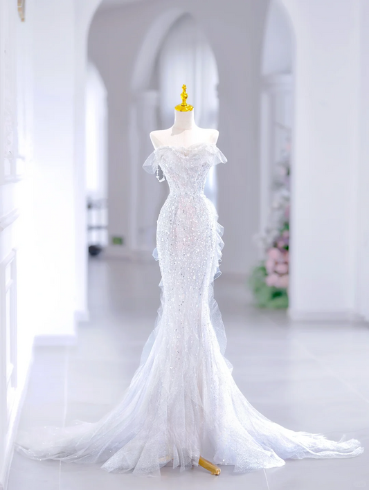 Princess Mermaid Sweetheart Sleeveless Long White Sequin Wedding Dress Beautiful Formal Cute Wedding Dresses DH2810