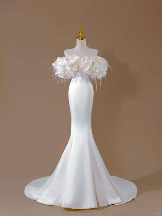Dreamy Mermaid Off The Shoulder Flowers Satin Long Wedding Dress Beautiful Formal Short Sleeves Wedding Dresses DH2818
