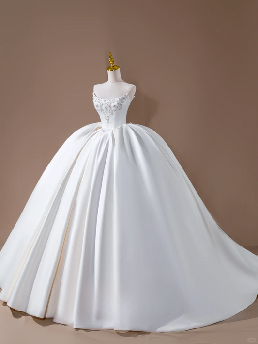 Princess Ball Gown Strapless Satin White Long Wedding Dress Beautiful Formal Brides Gown Wedding Dresses DH2819
