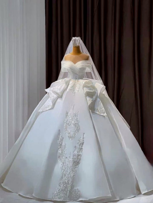 Modest Ball Gown Off The Shoulder Satin Wedding Dress With Sleeves Fairytale Autumn Wedding Dresses RB2821