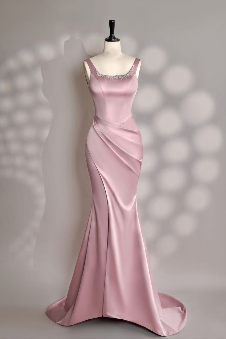 Sexy Mermaid Square Neck Pink Slit Satin Long Prom Dresses Inspiration Party Dress Prom Gowns DH2944