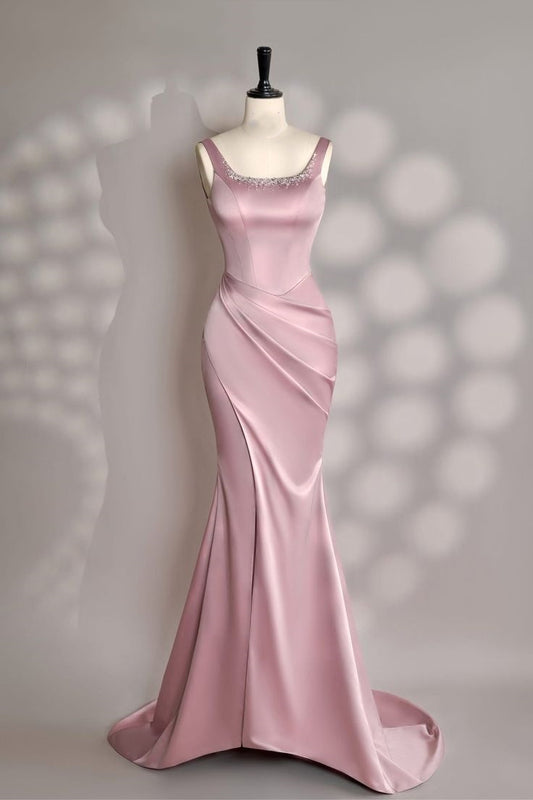 Robe de bal longue en satin rose, style sirène, col carré, fente latérale, sexy, inspiration, robe de soirée, DH2944