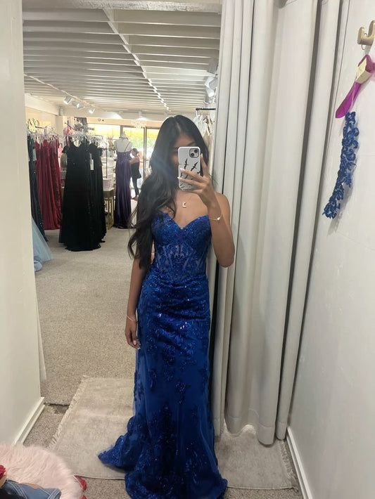 Charming Mermaid Spaghetti Straps Royal Blue Lace Tulle Long Prom Dresses Inspo Prom Gown DH2967