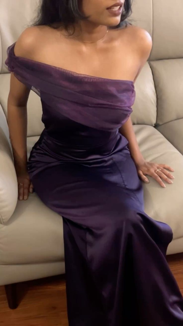 Robe de bal longue en satin violet, élégante, asymétrique, style sirène, inspiration DH2970