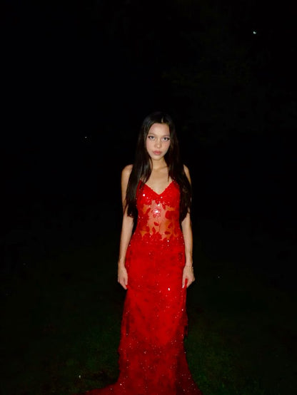 Charmante robe de bal sirène à bretelles spaghetti et paillettes rouges, longue, inspiration robe de soirée, robe de bal dh3263