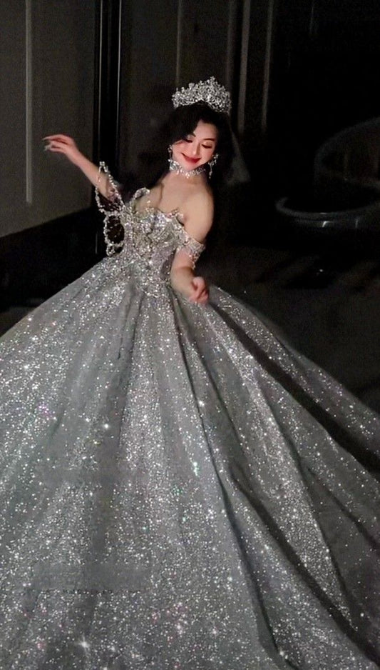 Sparkly Ball Gown Off The Shoulder Silver Sequins Silver Beads Wedding Dresses Styles Long Fairytale Brides Gown Ideas DH2973
