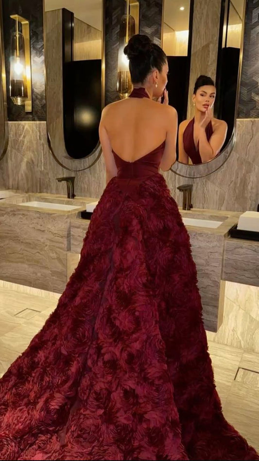 Timeless Ball Gown Halter Burgundy Satin Backless Floral Lace Prom Dresses Party Dress Birthday Outfits Prom Gown DH2993
