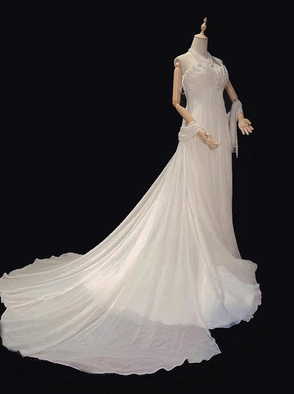 Robes de mariée uniques Ligne A Bustier Cœur Bohème en Mousseline avec Écharpe Robe de Mariée Longue Blanche N3397