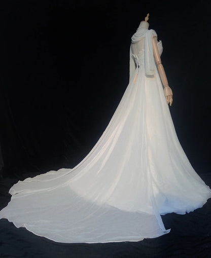 Robes de mariée uniques Ligne A Bustier Cœur Bohème en Mousseline avec Écharpe Robe de Mariée Longue Blanche N3397