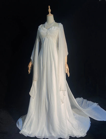 Robes de mariée uniques Ligne A Bustier Cœur Bohème en Mousseline avec Écharpe Robe de Mariée Longue Blanche N3397