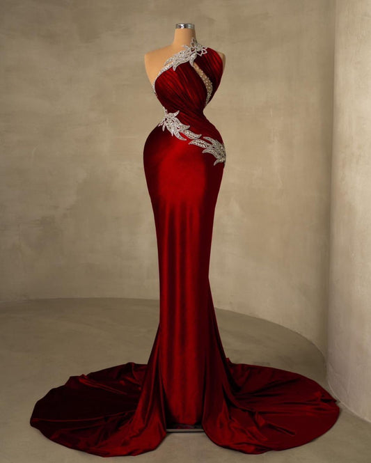 Vintage Meerjungfrauen-Kleid aus burgunderrotem Samt mit Perlen und One-Shoulder-Verschluss – das perfekte Partykleid, formelles Ballkleid oder Kleid für den 22. Geburtstag (AB1402).