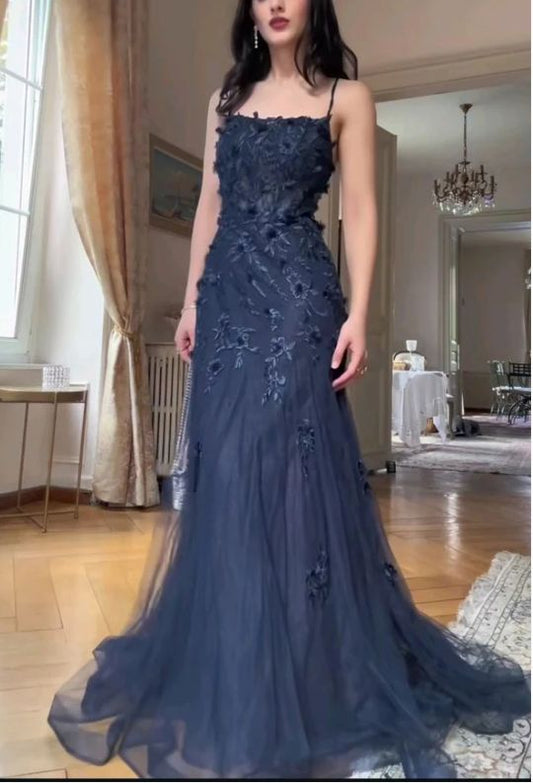 Elegant Mermaid Navy Blue Spaghetti Strap Long Prom Dress Evening Dress AB698