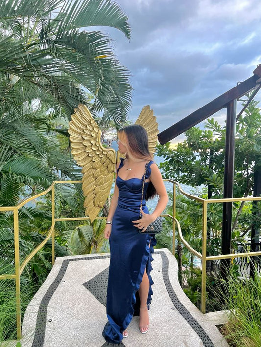Unique Sheath Sweetheart Navy Blue Satin With Pleated Long Prom Dresses Formal Gown Inspo Evening Outfit AB748