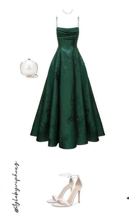 Robe de bal élégante, coupe trapèze, bretelles spaghetti, satin vert foncé, sans manches, dos nu, robe de soirée formelle AB442