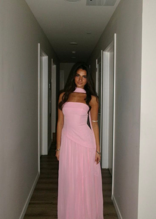 Simple A Line Strapless Pink Maxi Dress Chiffon With Scarf Beach Summer Garden Inspiration Wedding Guest Dresses N2476