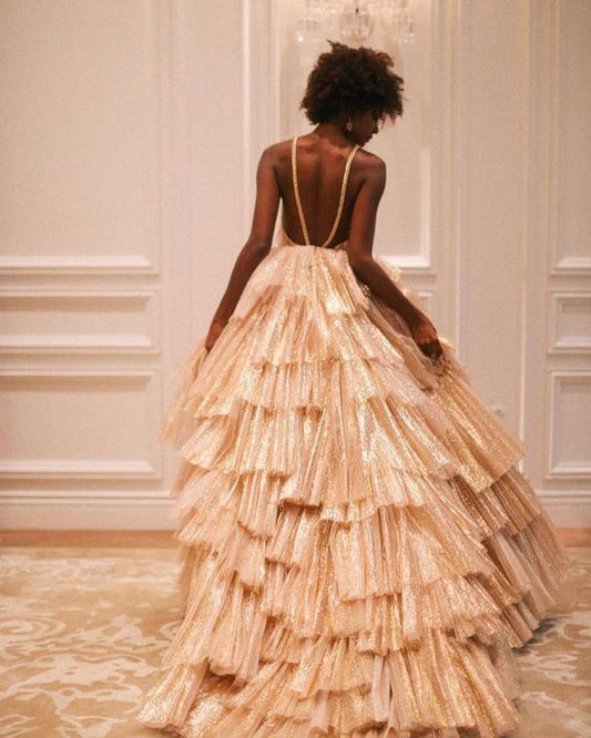 Robe de bal luxueuse dorée plissée à plusieurs couches, robe de soirée pour quinceañera N801