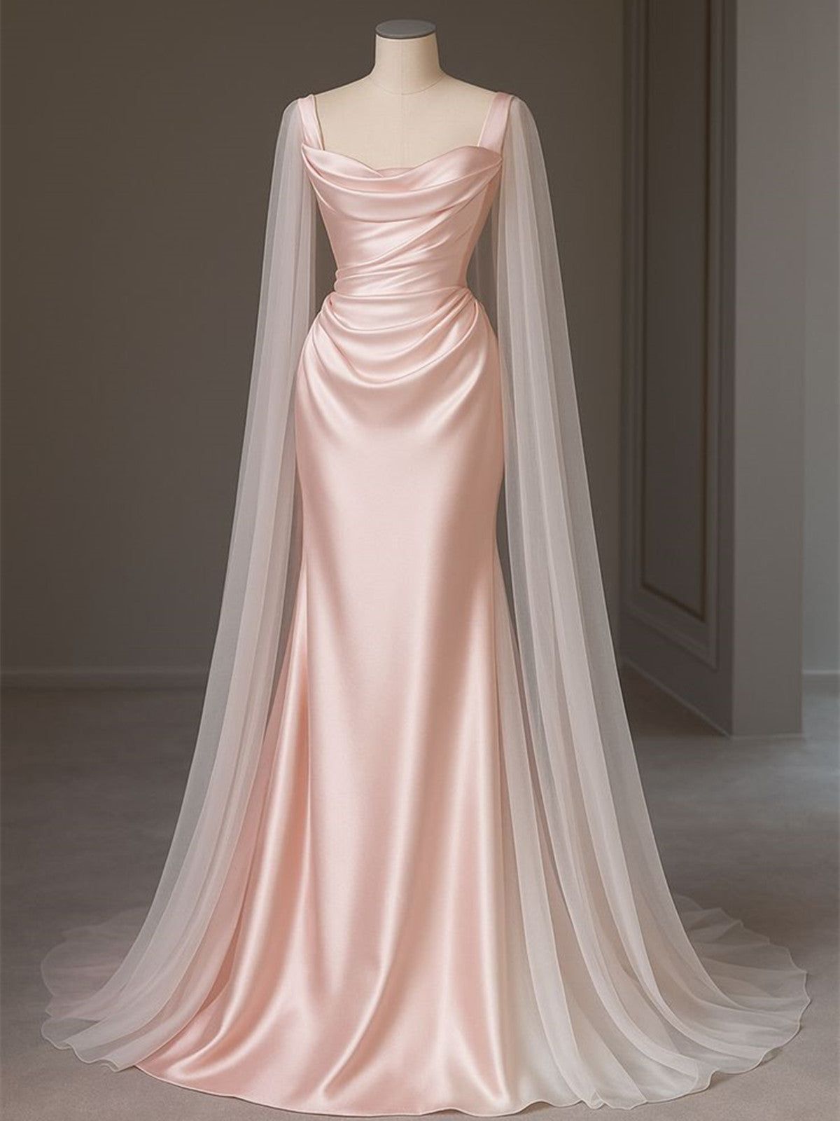 Wunderschönes, langes, pinkfarbenes Meerjungfrauen-Abendkleid aus Satin mit Tüll, bodenlanges, pinkfarbenes Satin-Abendkleid AB1868
