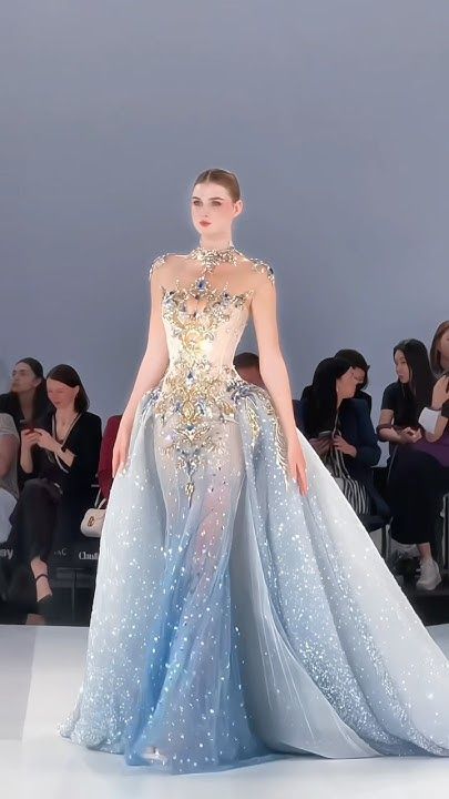 Robe de bal longue sirène modeste à col montant en tulle bleu et perles dorées - Inspiration robes de soirée pour femmes - Robe de cérémonie AB1218