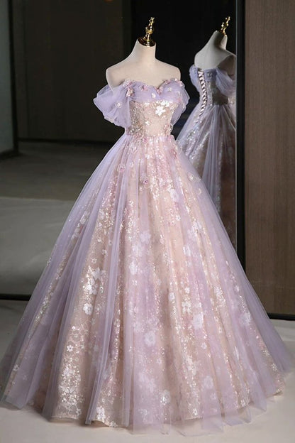 Modest Lilac Off The Shoulder Tulle A Line Prom Dress With Appliques AB133