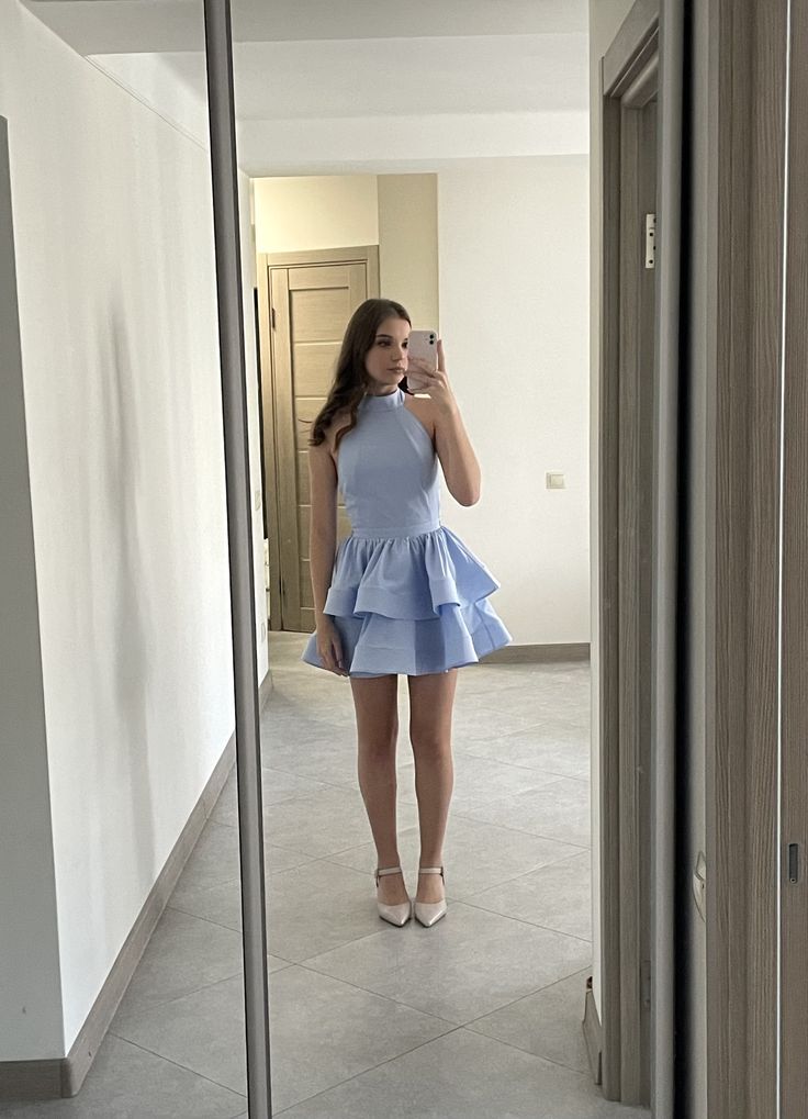 Romantic Ball Gown Halter Light Blue With Layered Satin Cocktail Dress Homecoming Dresses Hoco Outfits RB4731