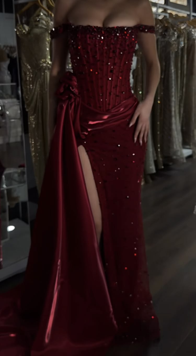Robes de bal sexy sirène épaules dénudées avec fente Bourgogne Paillettes Soirée Robe longue habillée N4758