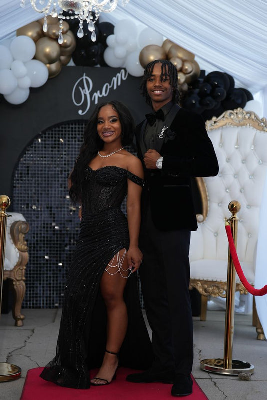 Glitter Mermaid Off The Shoulder Black Sequin Prom Dresses With Beads Gem Evening Black Women Party Formal Gown 21st Birthday Outfits AB835