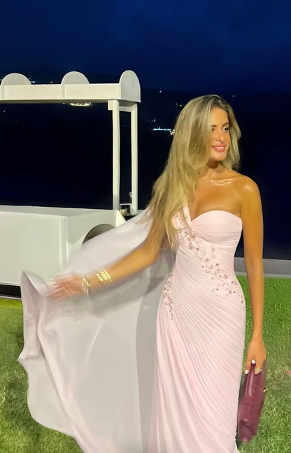Robe de bal sirène asymétrique en mousseline de soie rose clair, tenue de soirée longue pour 18e anniversaire, RB1344