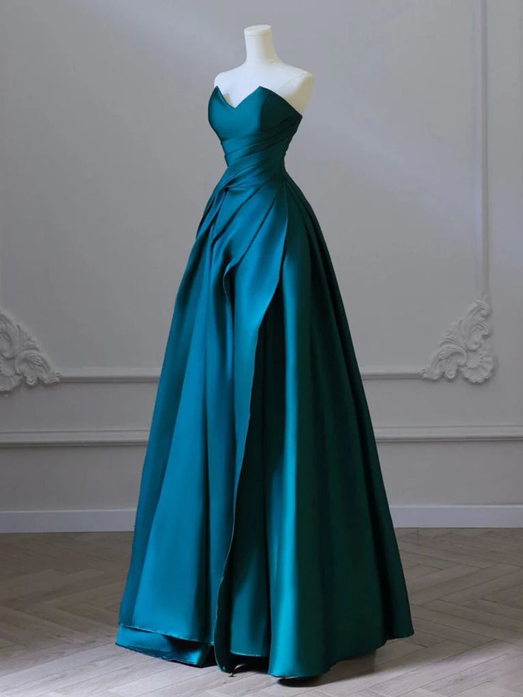 A-Line Sweetheart Satin Green Long Prom Dress Green Satin Long Formal Evening Dress AB199