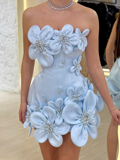 Robe de soirée moulante fourreau élégante, bustier, bleue, avec fleurs 3D, courte, inspiration Hoco, idées de robes de bal RB4133