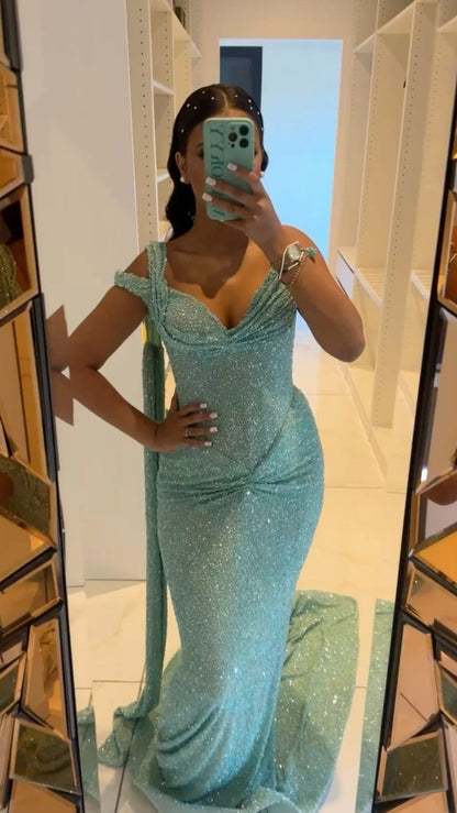 Superbes robes de bal sirène bustier cœur avec ruban vert menthe sequin longue robe de soirée N2475