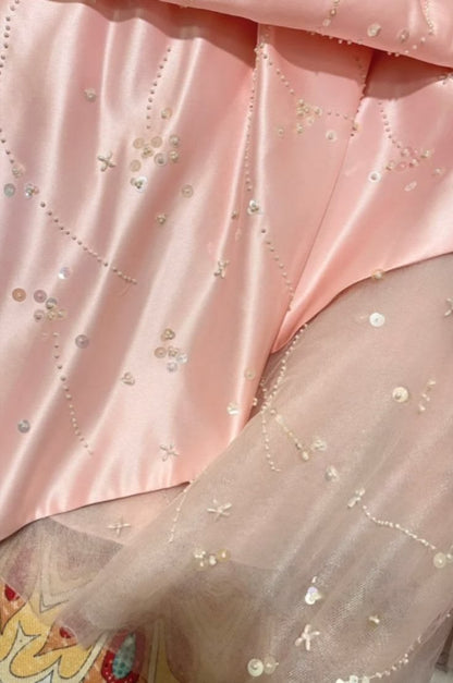 Robe de bal longue rose, sans manches, coupe trapèze, ornée de perles, N588